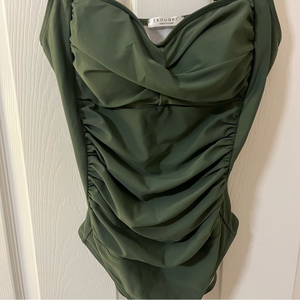 Ekouaer Women's One Piece Swimsuit Ruched Tummy Control Bathing Suit, Army Green